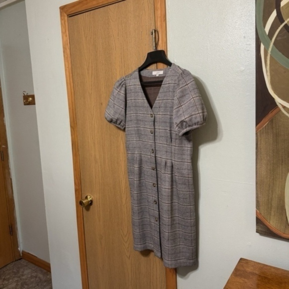 Loft Size 6 Multi-Color w/Plaid Print & Puff Sleeves Knee-Length Pocket Dress